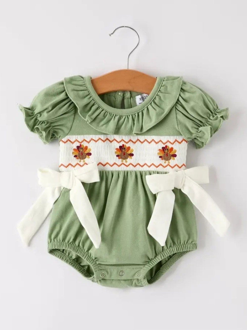Turkey Green Smocked Baby Romper with Cream Bows 3 Months